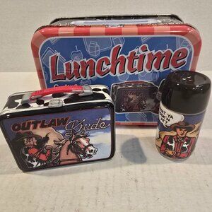 Outlaw Dude Lunchtime Salt and Pepper Shakers in Tin Cowboy Theme 2001 NEW